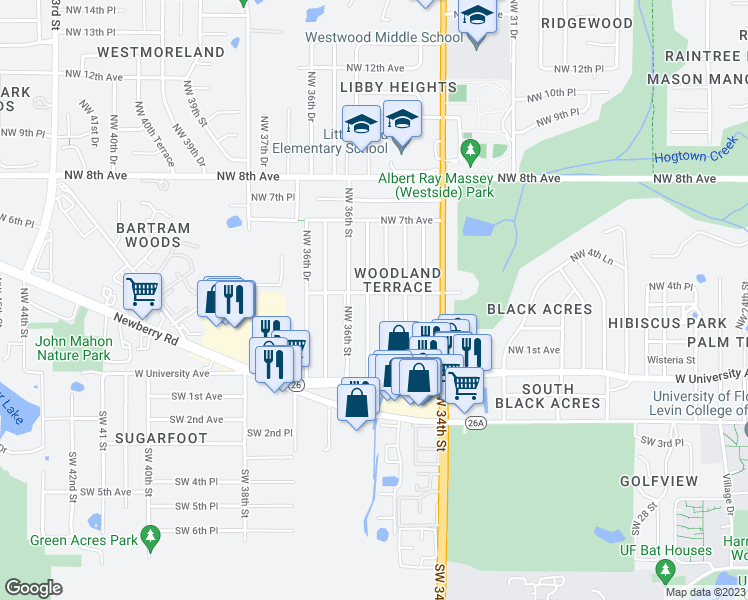 map of restaurants, bars, coffee shops, grocery stores, and more near 413 Northwest 35th Terrace in Gainesville