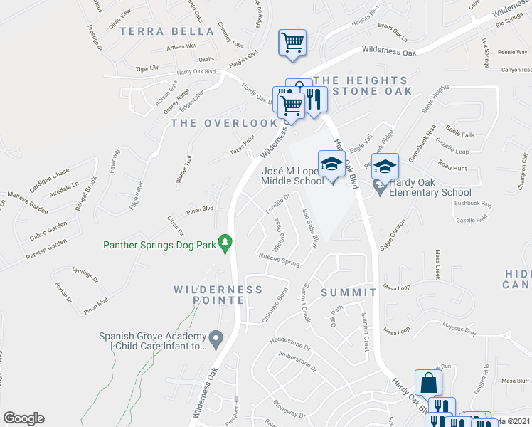 map of restaurants, bars, coffee shops, grocery stores, and more near Tornillo Drive & Navasota Drive in San Antonio
