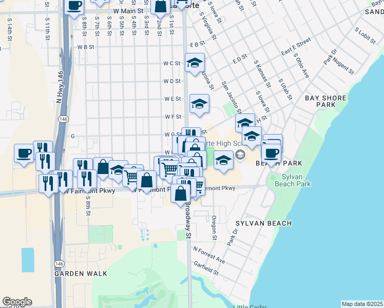 map of restaurants, bars, coffee shops, grocery stores, and more near 901 South Broadway Street in La Porte