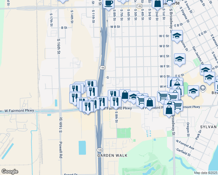 map of restaurants, bars, coffee shops, grocery stores, and more near 1060 West H Street in La Porte