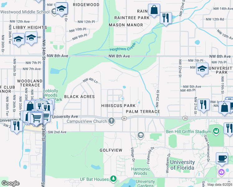 map of restaurants, bars, coffee shops, grocery stores, and more near 2610 Northwest 4th Avenue in Gainesville