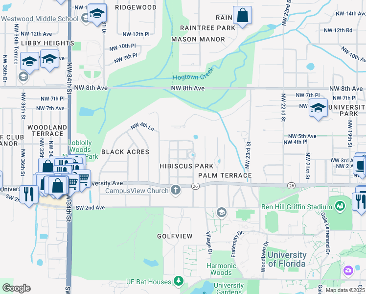 map of restaurants, bars, coffee shops, grocery stores, and more near 2610 Northwest 4th Avenue in Gainesville
