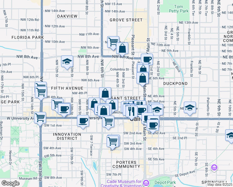 map of restaurants, bars, coffee shops, grocery stores, and more near 408 Northwest 4th Street in Gainesville