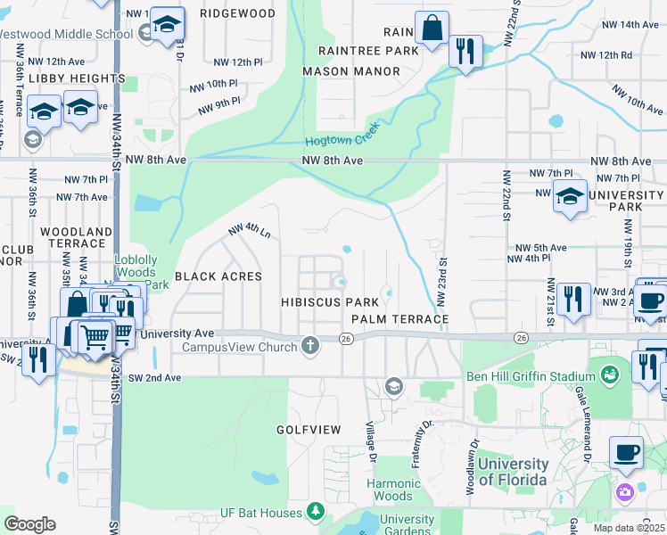 map of restaurants, bars, coffee shops, grocery stores, and more near 2610 Northwest 4th Avenue in Gainesville