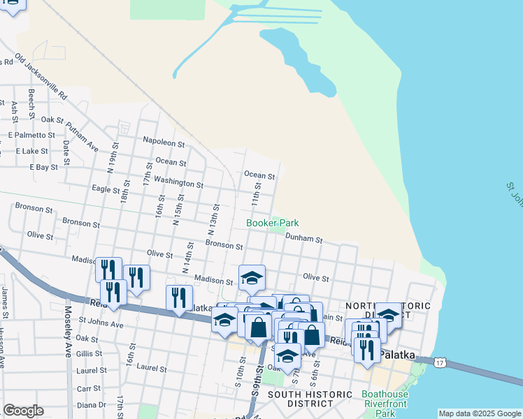 map of restaurants, bars, coffee shops, grocery stores, and more near 812 North 10th Street in Palatka
