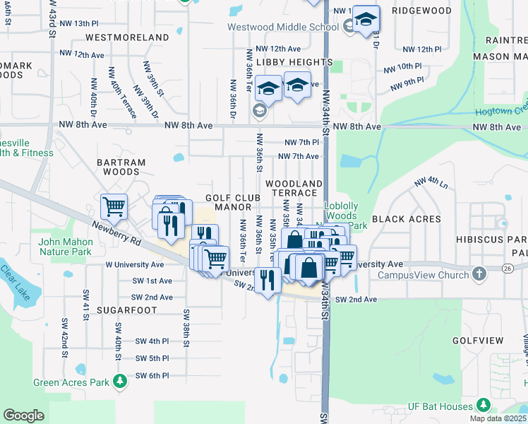 map of restaurants, bars, coffee shops, grocery stores, and more near 413 Northwest 36th Street in Gainesville