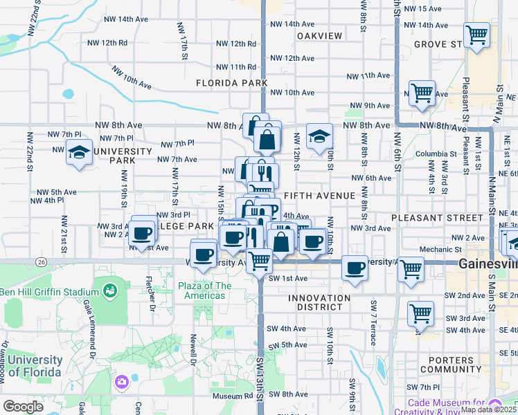 map of restaurants, bars, coffee shops, grocery stores, and more near 402 Northwest 13th Terrace in Gainesville