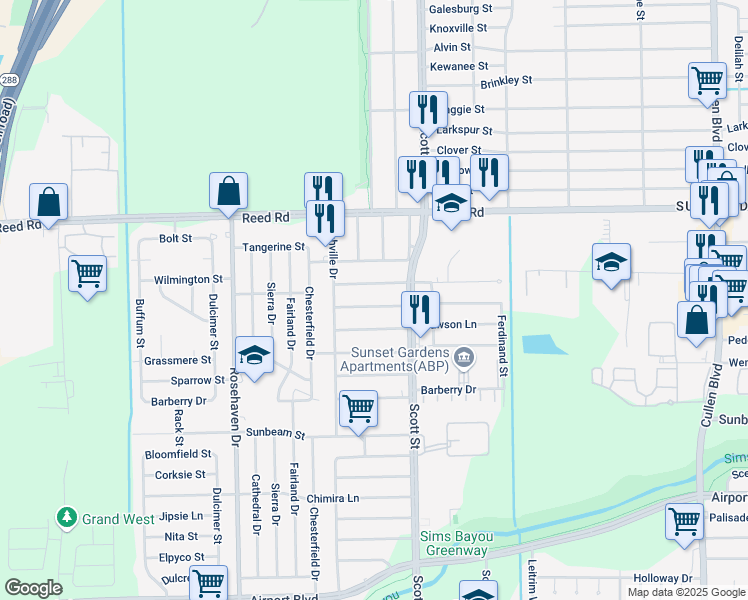 map of restaurants, bars, coffee shops, grocery stores, and more near 3611 Rockingham Street in Houston
