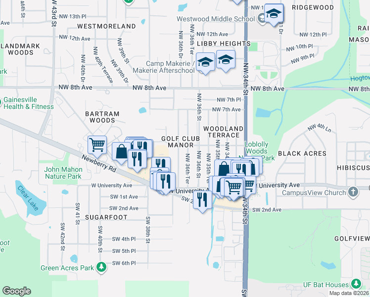 map of restaurants, bars, coffee shops, grocery stores, and more near 414 Northwest 36th Street in Gainesville
