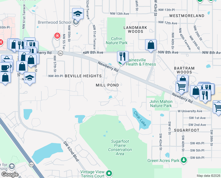 map of restaurants, bars, coffee shops, grocery stores, and more near 4801 Northwest 2nd Place in Gainesville