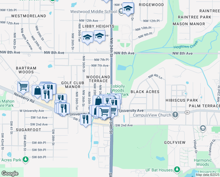 map of restaurants, bars, coffee shops, grocery stores, and more near 414 Florida 121 in Gainesville