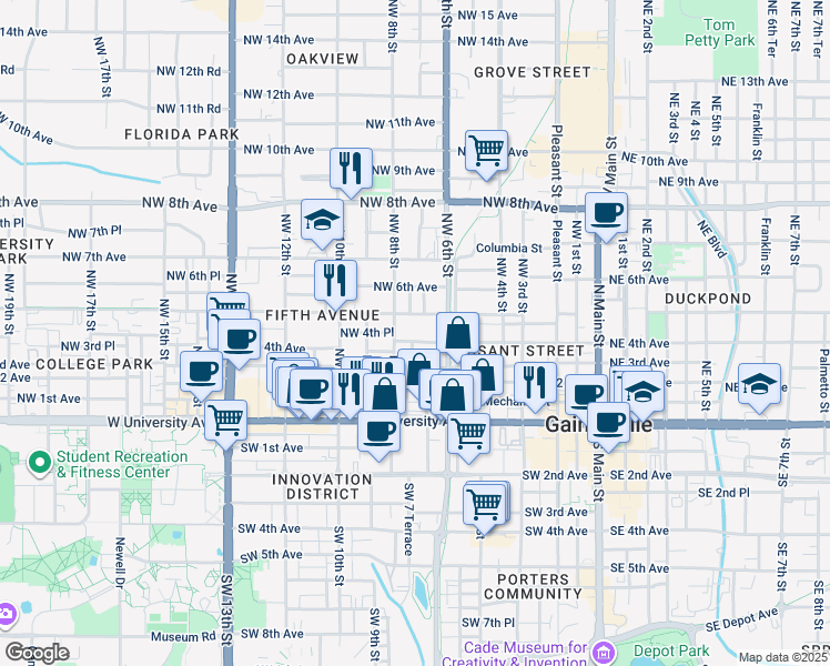 map of restaurants, bars, coffee shops, grocery stores, and more near 710 Northwest 4th Avenue in Gainesville