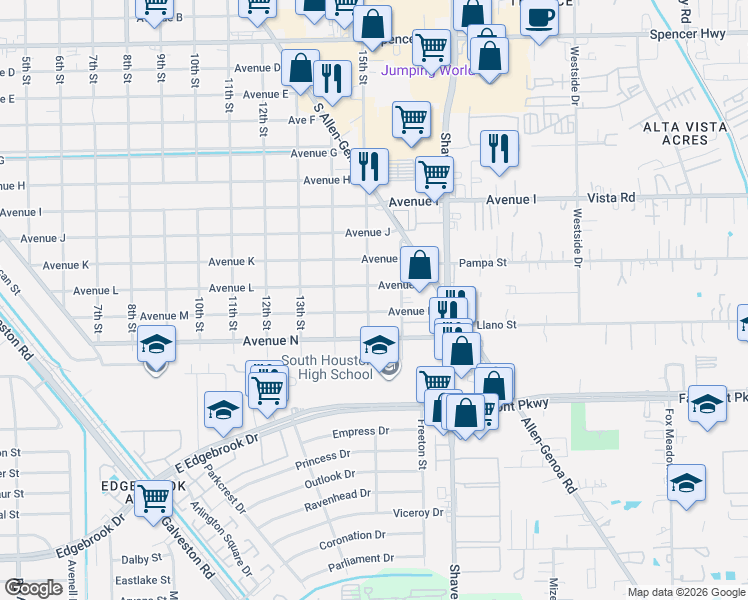 map of restaurants, bars, coffee shops, grocery stores, and more near 1507 Avenue M in South Houston