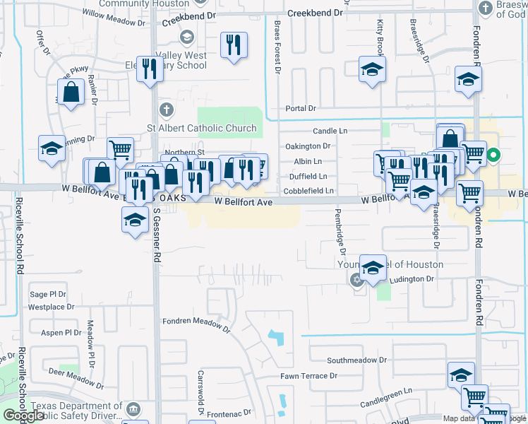 map of restaurants, bars, coffee shops, grocery stores, and more near 1331 West Bellfort Street in Houston
