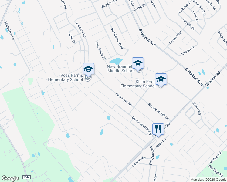 map of restaurants, bars, coffee shops, grocery stores, and more near 2565 Pahmeyer Road in New Braunfels