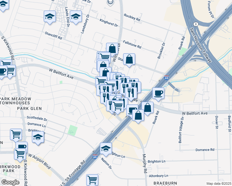 map of restaurants, bars, coffee shops, grocery stores, and more near 10731 W Bellfort Ave in Houston
