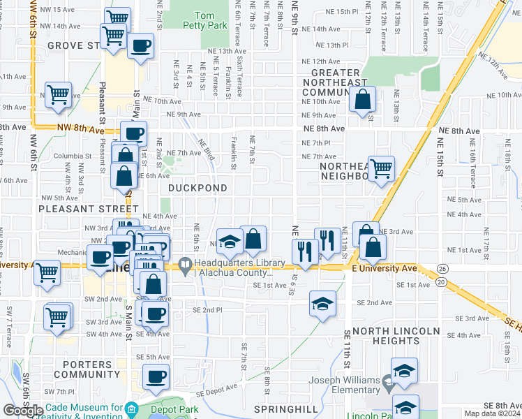 map of restaurants, bars, coffee shops, grocery stores, and more near in Gainesville