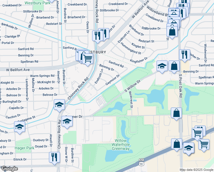 map of restaurants, bars, coffee shops, grocery stores, and more near 11507 Gaymoor Drive in Houston