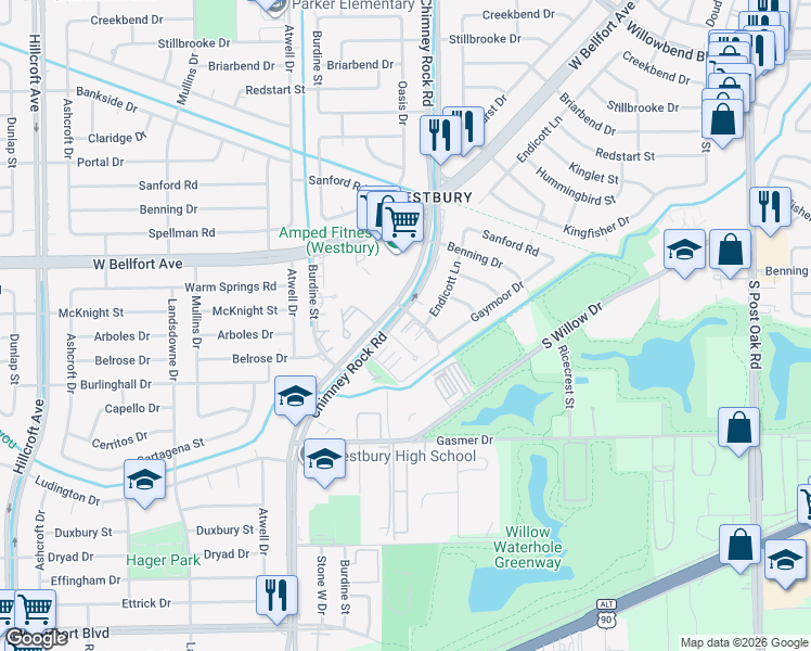 map of restaurants, bars, coffee shops, grocery stores, and more near 11607 Chimney Rock Road in Houston