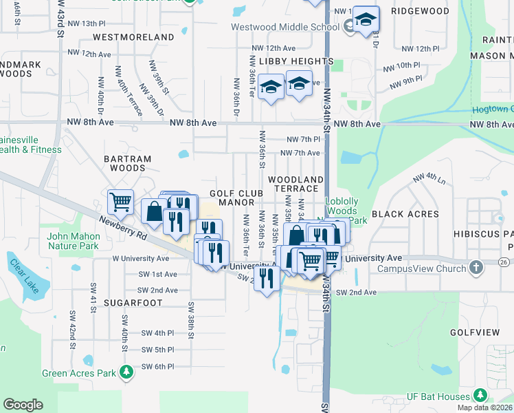 map of restaurants, bars, coffee shops, grocery stores, and more near 414 Northwest 36th Street in Gainesville