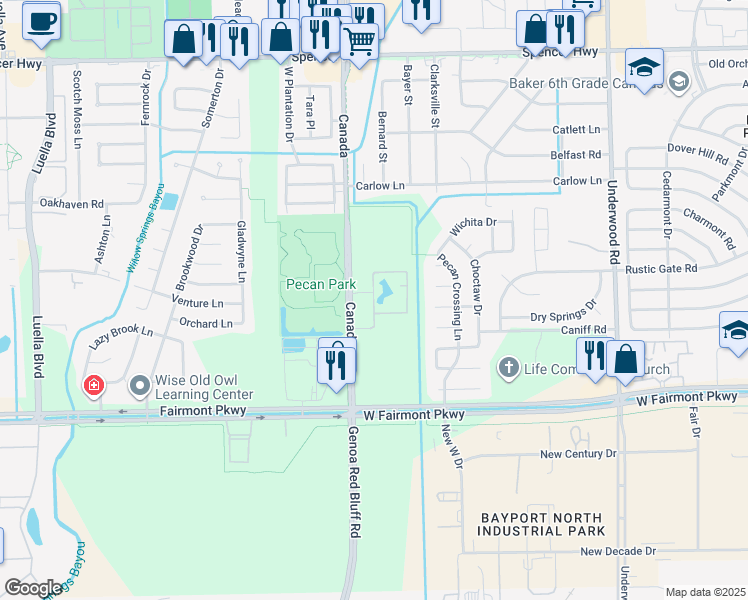 map of restaurants, bars, coffee shops, grocery stores, and more near 3535 Canada in La Porte