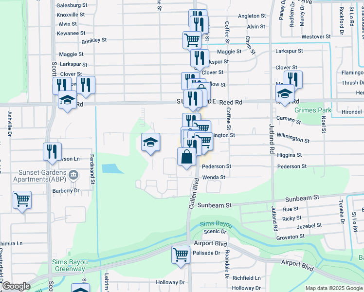 map of restaurants, bars, coffee shops, grocery stores, and more near 9410 Cullen Boulevard in Houston