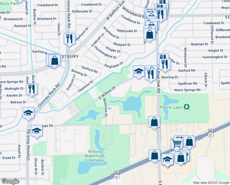 map of restaurants, bars, coffee shops, grocery stores, and more near 5201 South Willow Drive in Houston