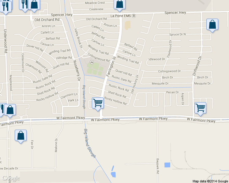 map of restaurants, bars, coffee shops, grocery stores, and more near 10423 Shell Rock Road in La Porte