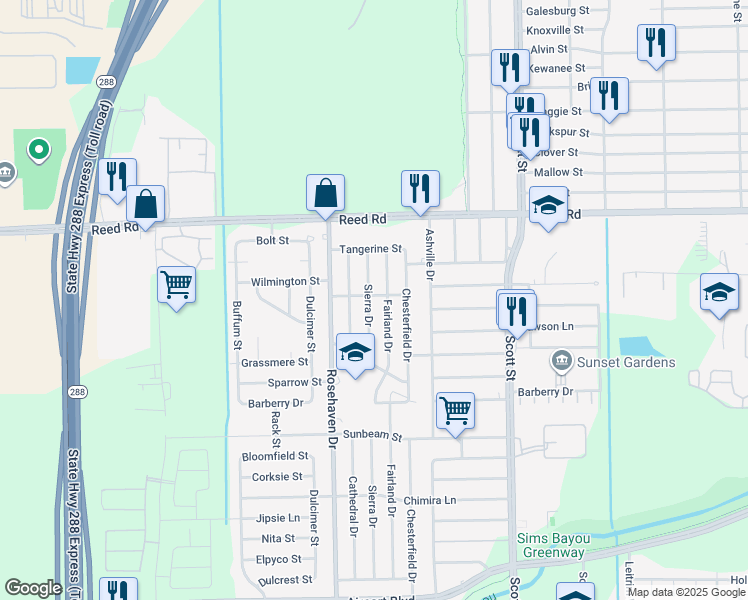 map of restaurants, bars, coffee shops, grocery stores, and more near 9401 Sierra Drive in Houston