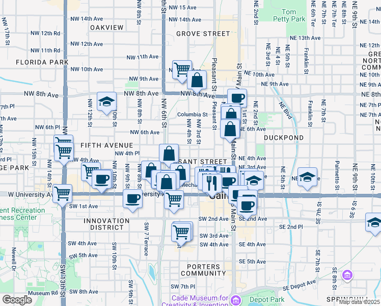 map of restaurants, bars, coffee shops, grocery stores, and more near 408 Northwest 4th Street in Gainesville