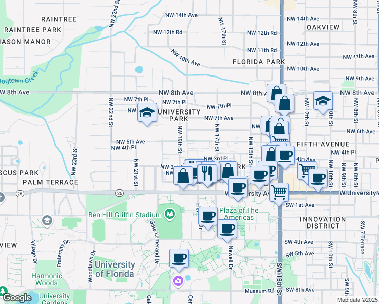 map of restaurants, bars, coffee shops, grocery stores, and more near 44 Northwest 4th Place in Gainesville