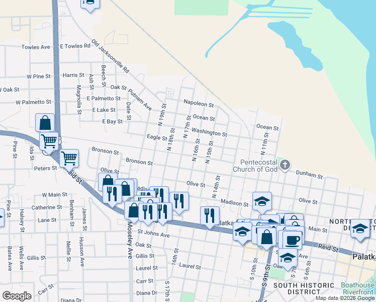 map of restaurants, bars, coffee shops, grocery stores, and more near 1614 Dunham Street in Palatka