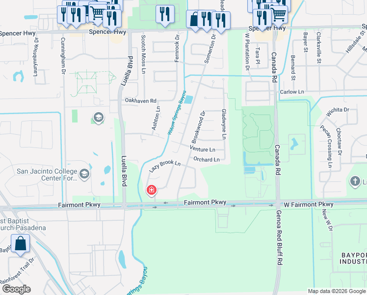 map of restaurants, bars, coffee shops, grocery stores, and more near 3702 Brookwood Drive in La Porte