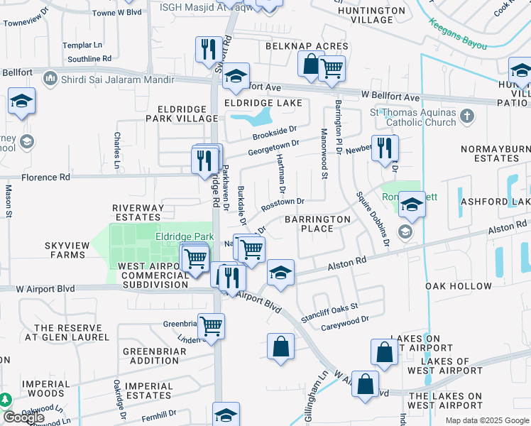 map of restaurants, bars, coffee shops, grocery stores, and more near 13303 Rosstown Drive in Sugar Land
