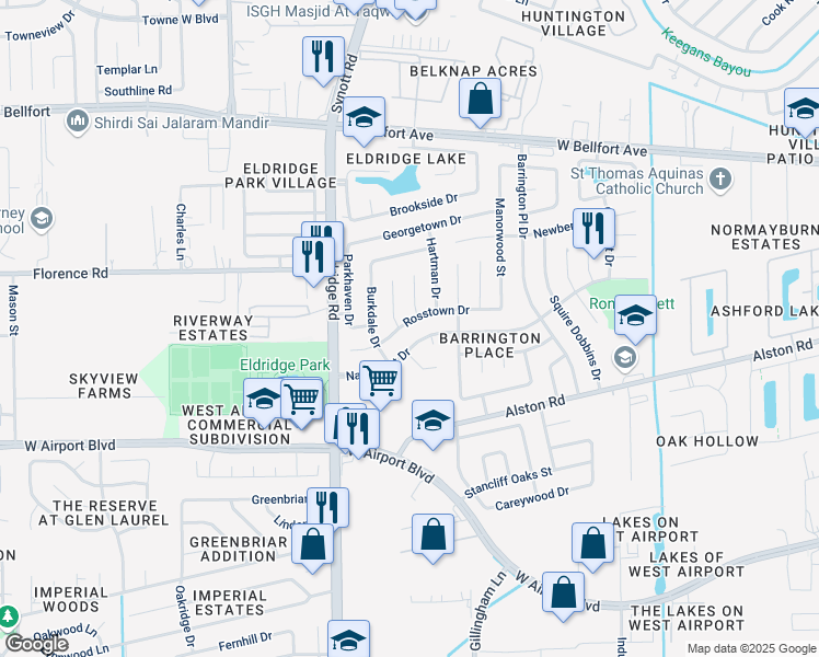 map of restaurants, bars, coffee shops, grocery stores, and more near 13303 Rosstown Drive in Sugar Land