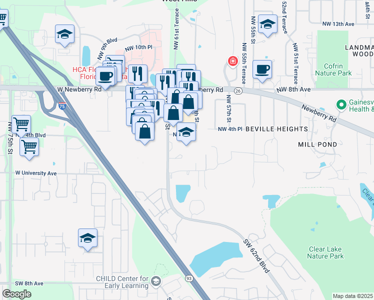 map of restaurants, bars, coffee shops, grocery stores, and more near 301 Northwest 62 Street in Gainesville