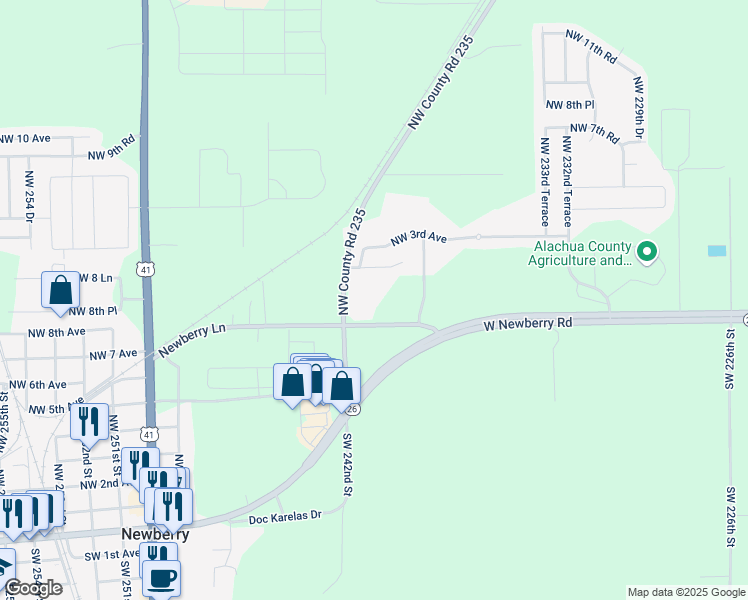map of restaurants, bars, coffee shops, grocery stores, and more near 205 Northwest County Road 235 in Newberry