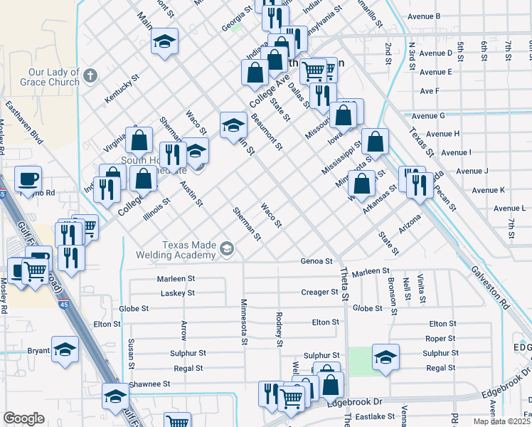map of restaurants, bars, coffee shops, grocery stores, and more near 1808 Waco Street in South Houston