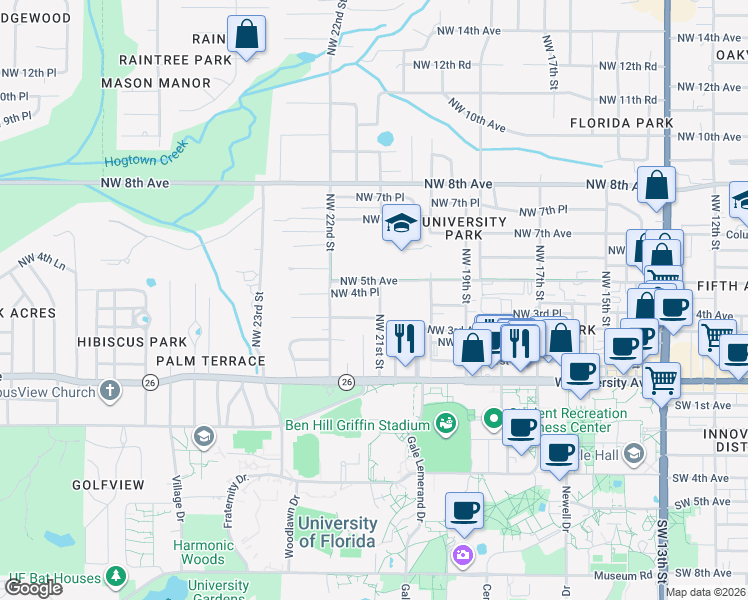 map of restaurants, bars, coffee shops, grocery stores, and more near 2107 Northwest 4th Place in Gainesville