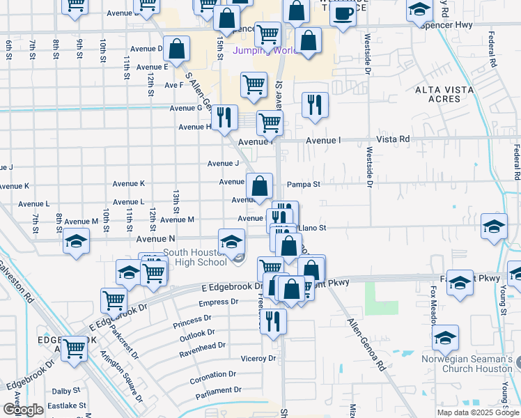 map of restaurants, bars, coffee shops, grocery stores, and more near 3600 South Shaver Street in South Houston