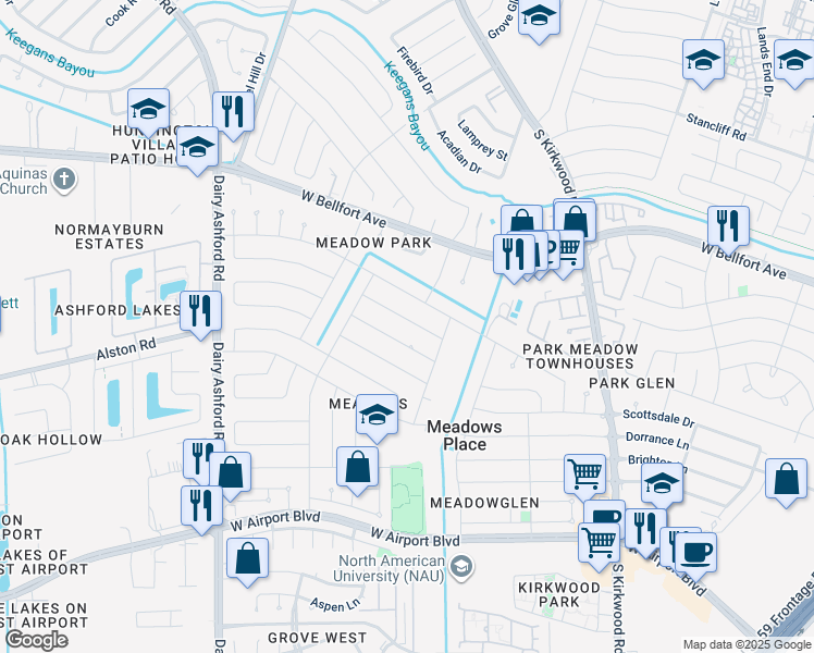 map of restaurants, bars, coffee shops, grocery stores, and more near 12027 Meadow Hollow Drive in Stafford