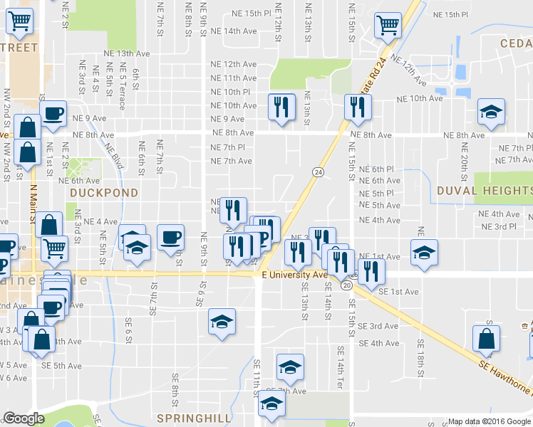 map of restaurants, bars, coffee shops, grocery stores, and more near 409 Northeast 11th Street in Gainesville