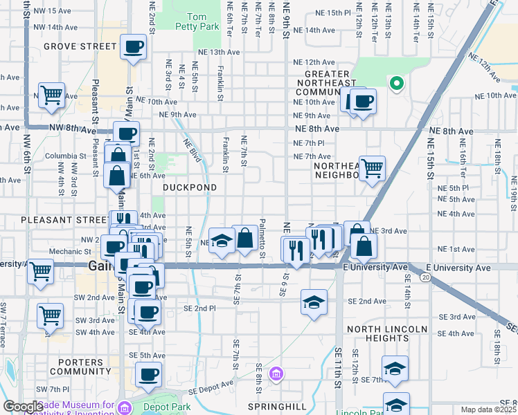 map of restaurants, bars, coffee shops, grocery stores, and more near in Gainesville