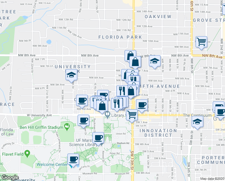 map of restaurants, bars, coffee shops, grocery stores, and more near 1518 Northwest 4th Avenue in Gainesville