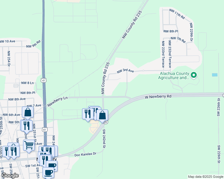 map of restaurants, bars, coffee shops, grocery stores, and more near 205 Northwest County Road 235 in Newberry