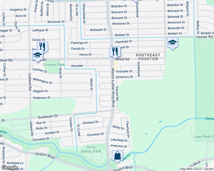 map of restaurants, bars, coffee shops, grocery stores, and more near 5634 Simsdale Street in Houston