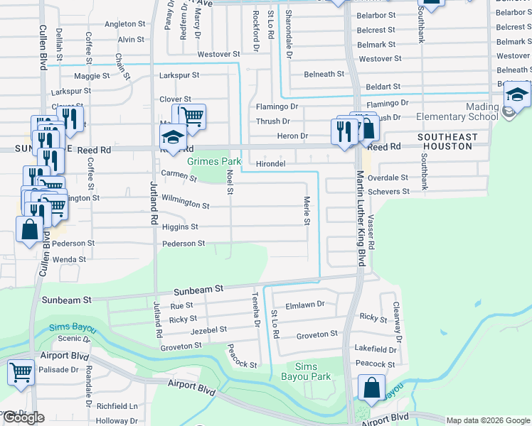 map of restaurants, bars, coffee shops, grocery stores, and more near 5306 Wilmington Street in Houston