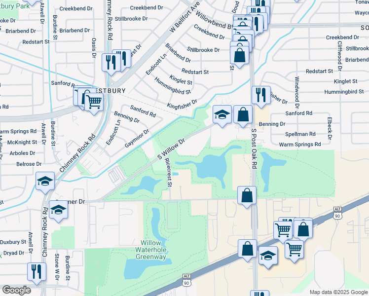 map of restaurants, bars, coffee shops, grocery stores, and more near 5201 South Willow Drive in Houston