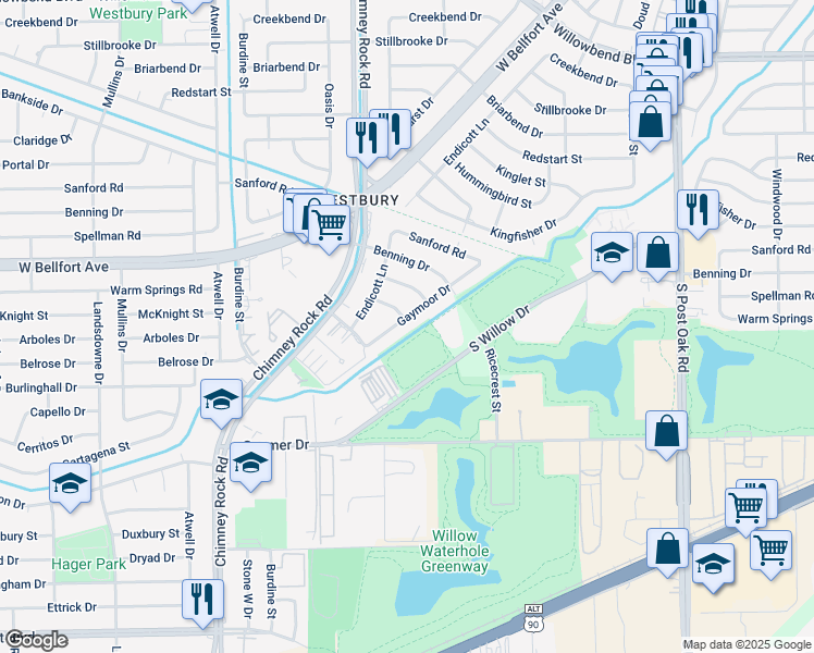 map of restaurants, bars, coffee shops, grocery stores, and more near 11507 Gaymoor Drive in Houston