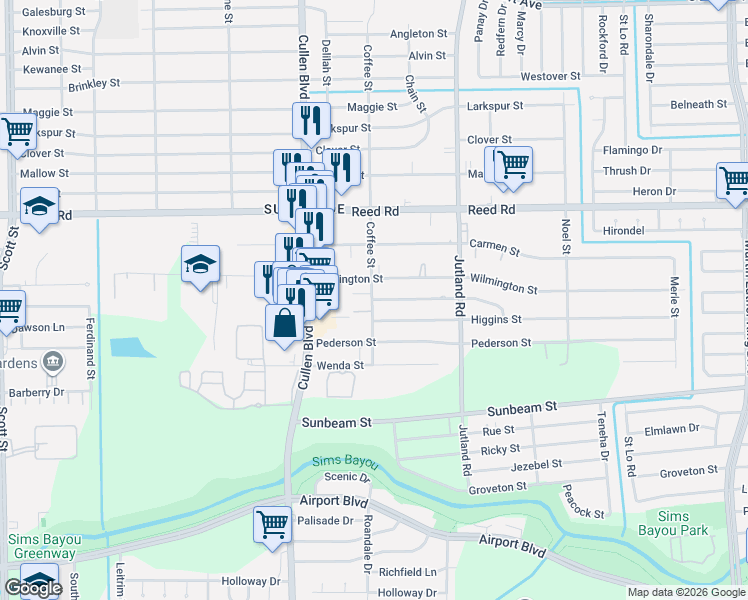 map of restaurants, bars, coffee shops, grocery stores, and more near 4806 Paula Street in Houston